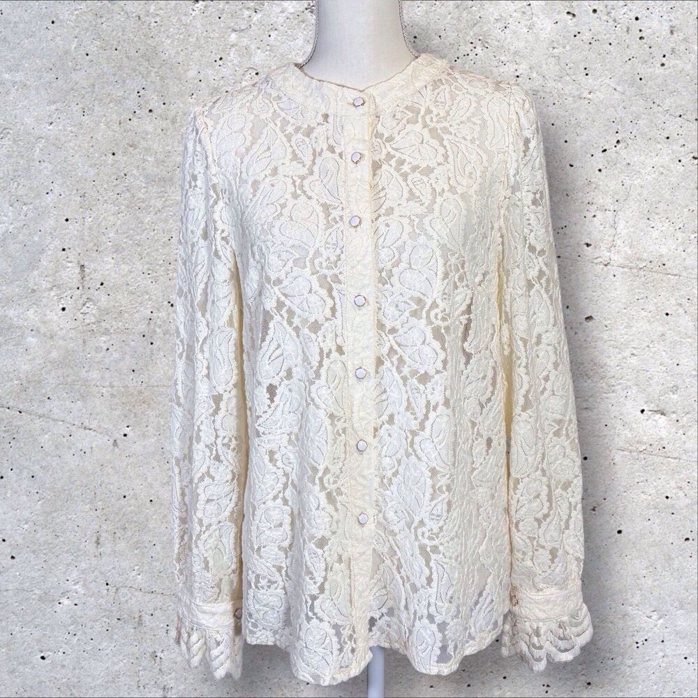 Embroidered Lace Mesh Top Cream Button Up Romantic Poet Core Boho Medium NWT